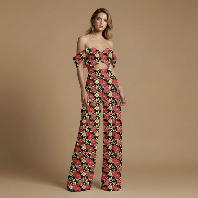 crimson red floral print fabric draped — palazzo pants styling