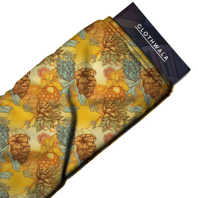 ochre yellow floral print fabric draped — kaftan styling