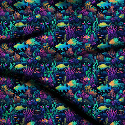 electric blue tropical digital print fabric texture — medium scale closeup