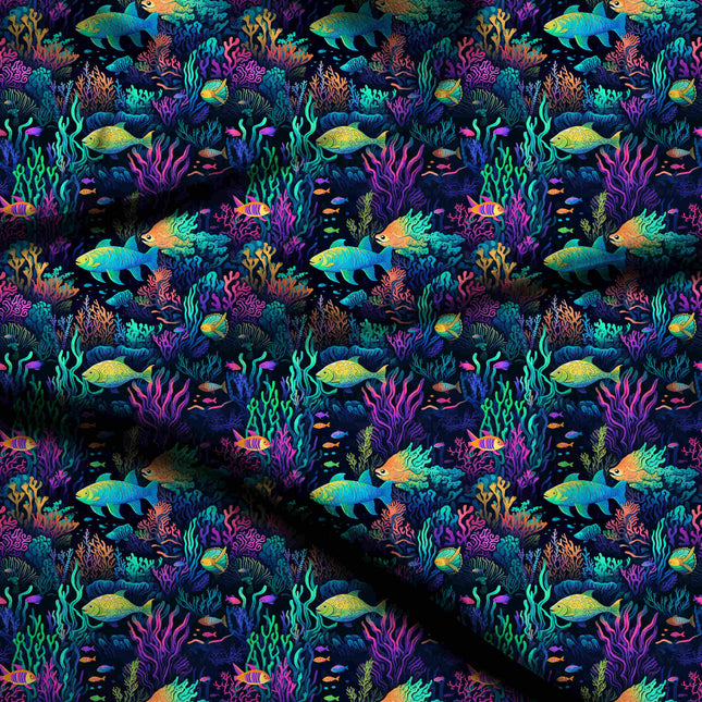 electric blue tropical digital print fabric texture — medium scale closeup