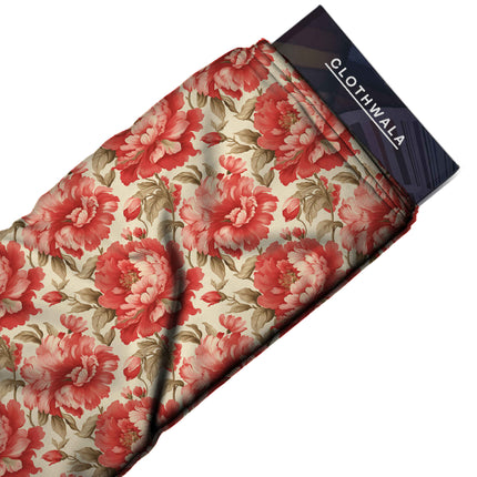 crimson red floral fabric detail — matte finish digital print closeup