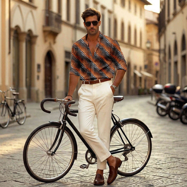burnt orange animal print fabric draped — trousers styling