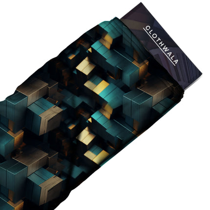 petrol teal geometric print fabric draped — blazer styling