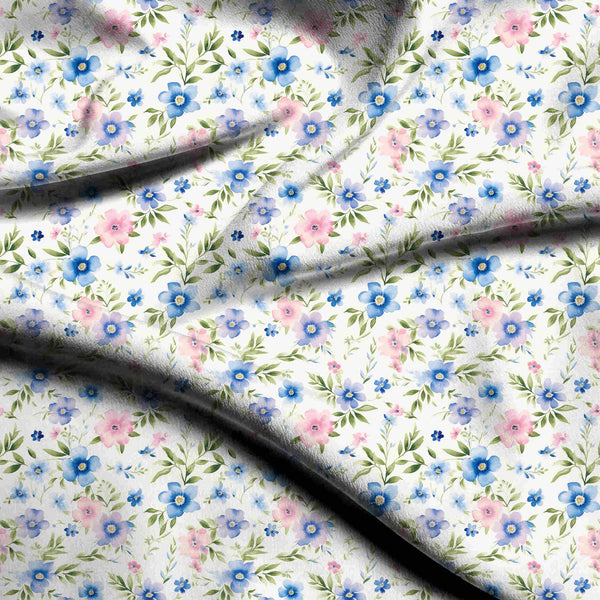 Cobalt Blue Delicate Scattered Watercolor Floral Motif Print Fabric