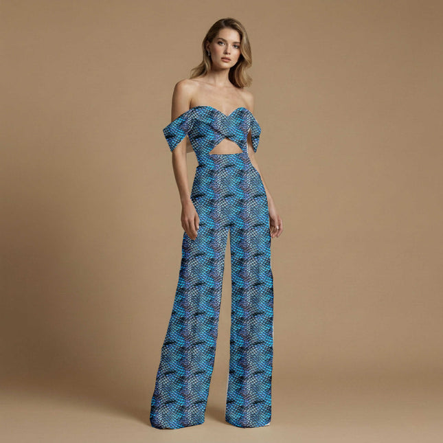cobalt blue animal print fabric draped — saree blouse styling