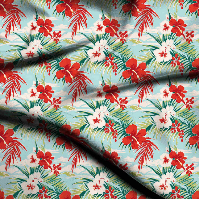 scarlet red tropical digital print fabric texture — medium scale closeup
