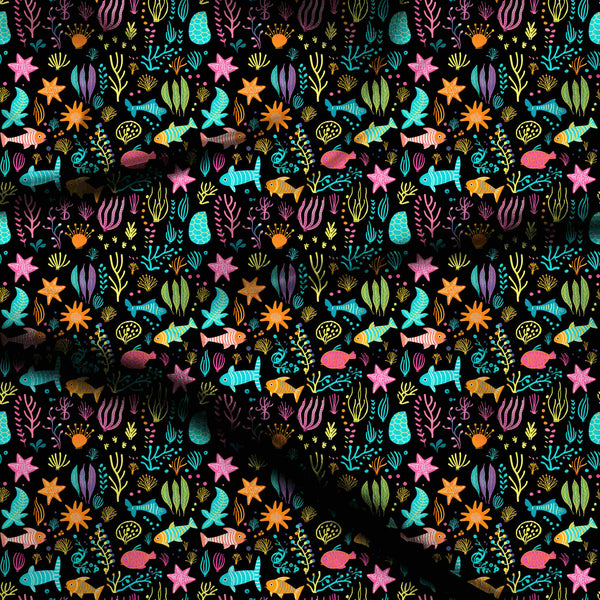 Jet Black Whimsical Neon Sea Life Print Fabric