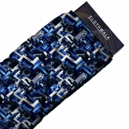 cobalt blue geometric print fabric draped — skirt styling