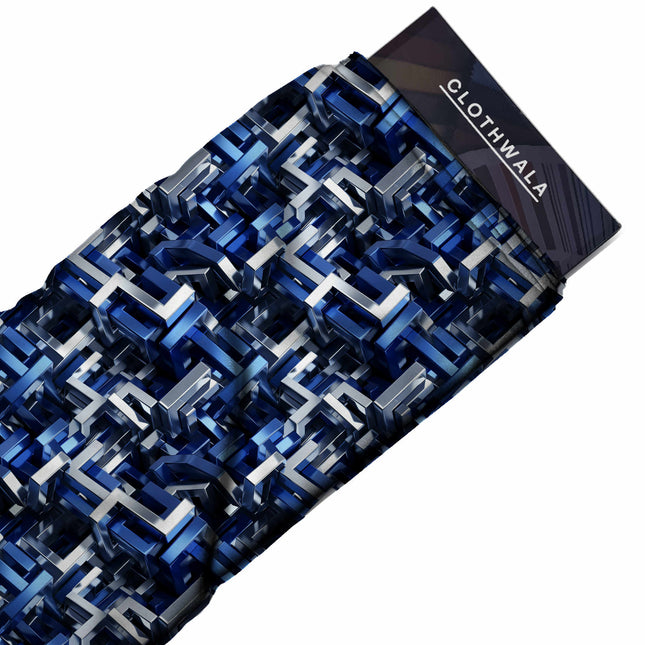 cobalt blue geometric print fabric draped — skirt styling