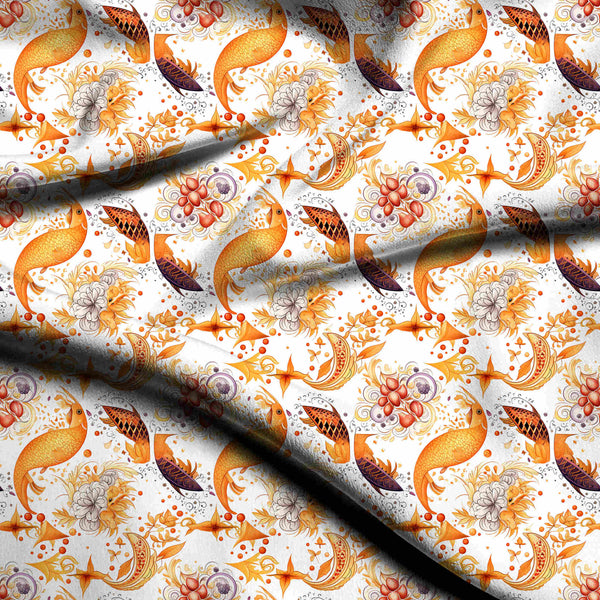 Golden Yellow Whimsical Golden Koi Fish Print Fabric