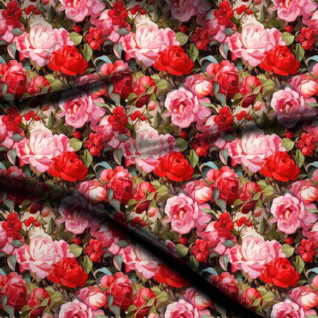 scarlet red floral digital print fabric texture — medium scale closeup