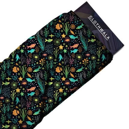 deep navy tropical all-over print pattern — medium scale repeat layout