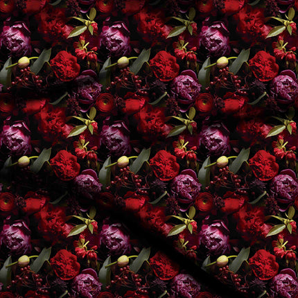crimson red floral digital print fabric texture — large scale closeup