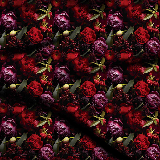 crimson red floral digital print fabric texture — large scale closeup
