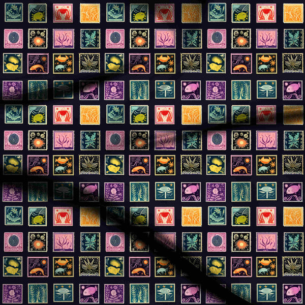Midnight Navy Grid Of Illustrative Postage Stamps Print Fabric