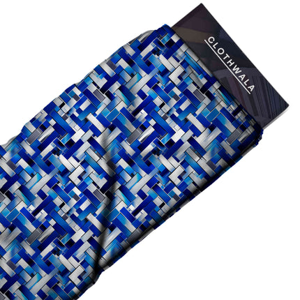 cobalt blue geometric fabric detail — glossy finish digital print closeup