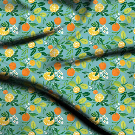 teal blue floral digital print fabric texture — medium scale closeup