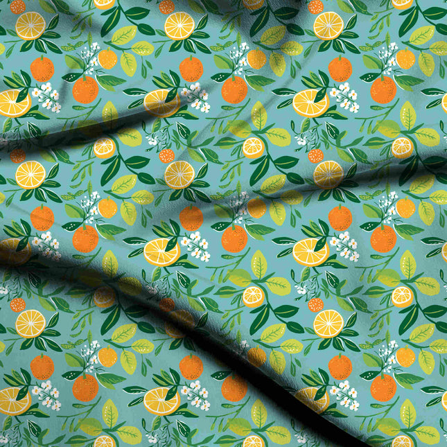 teal blue floral digital print fabric texture — medium scale closeup