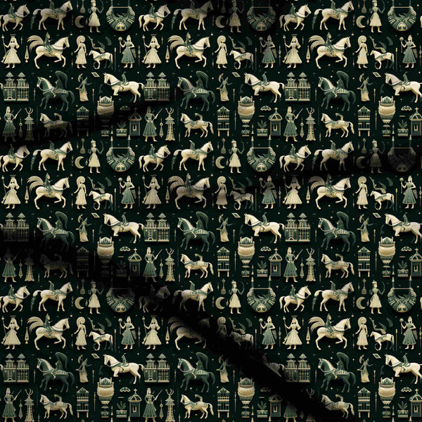 Forest Green Regal Horses And Riders Print Fabric
