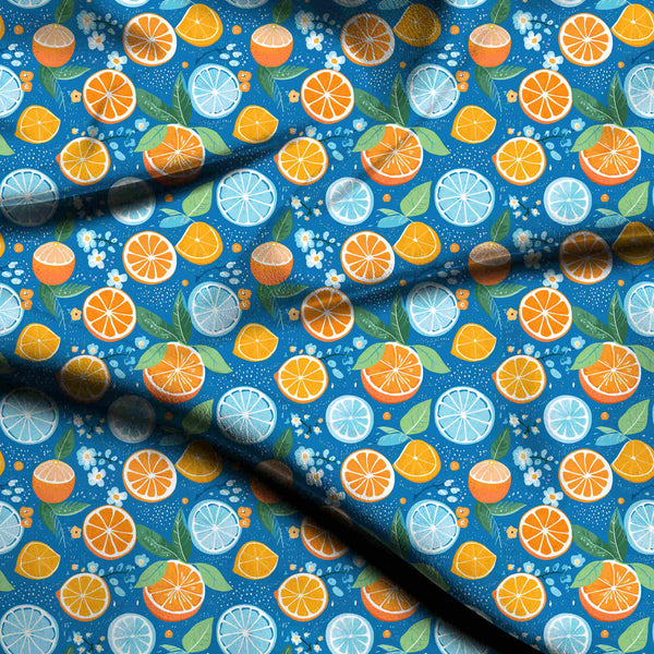 Cobalt Blue Playful Scattered Citrus Fruit Print Fabric