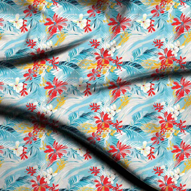 sky blue tropical digital print fabric texture — medium scale closeup
