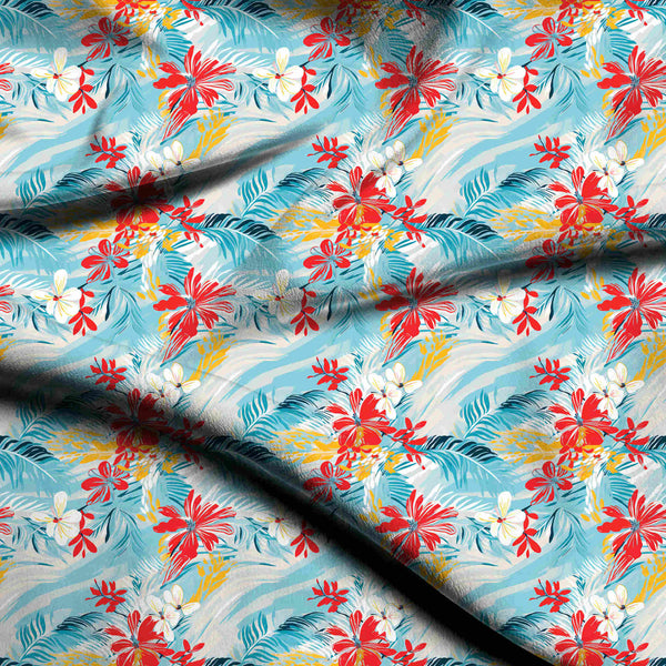 Sky Blue Vibrant Painterly Tropical Flowers Print Fabric