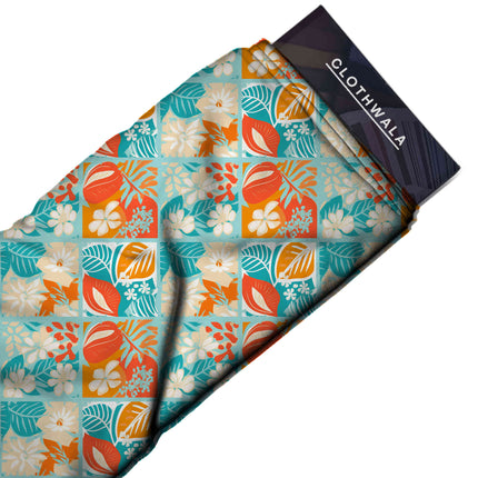 teal blue floral print fabric draped — kaftan styling