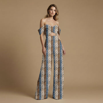 Camel Brown Striped panels of multi-colored spotted Jumpsuit Fabric
