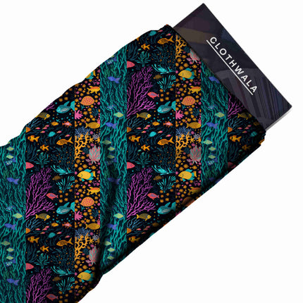 teal tropical print fabric draped — resort wear styling