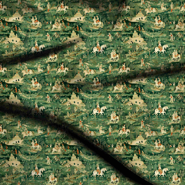 forest green ethnic digital print fabric texture — medium scale closeup