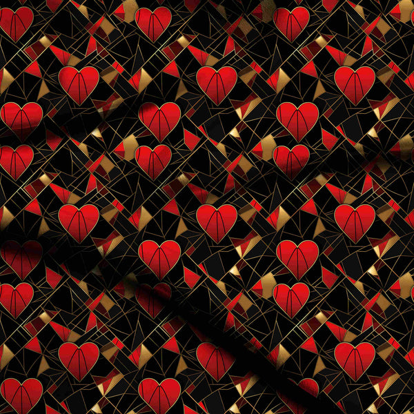 Crimson Red Art Deco Hearts Within Print Fabric