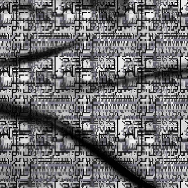Charcoal Grey Monochrome Pixelated Abstract Circuit Board Print Fabric