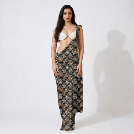 Dark Grey Floral Digital Print Fabric for Maxi | Opulent Festive Wear - Image 8