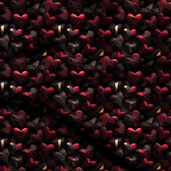 Onyx Black Faceted Jewel-like Hearts Print Fabric