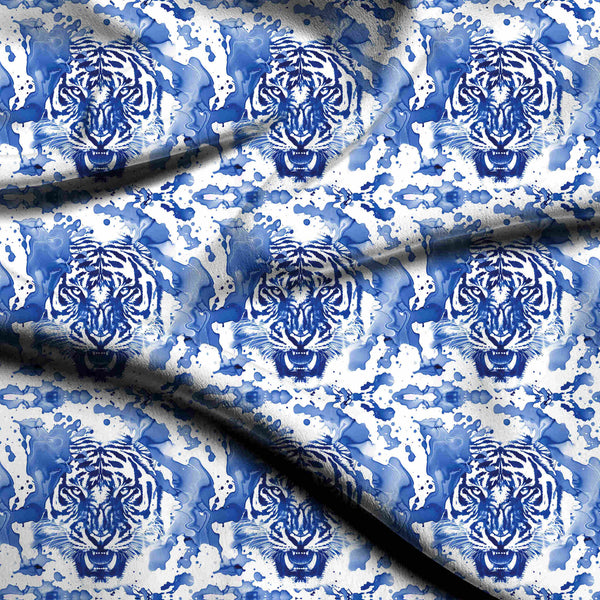 Cobalt Blue Aggressive Tiger Faces Print Fabric