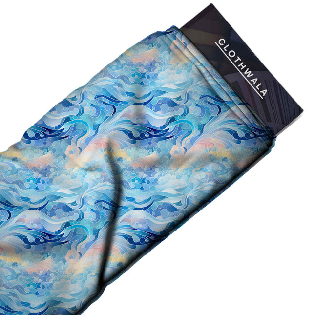 cerulean blue abstract print fabric draped — maxi dress styling