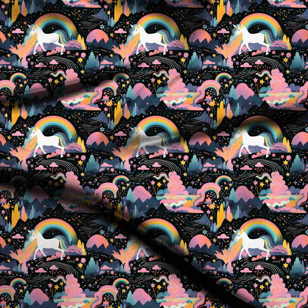 Jet Black Whimsical Unicorn And Rainbow Fantasy Print Fabric