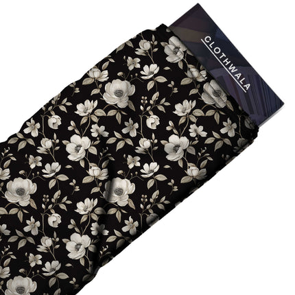 jet black floral print fabric draped — kaftan styling