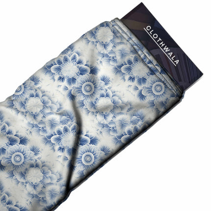 cobalt blue floral fabric detail — textured finish digital print closeup