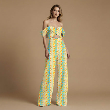 marigold yellow tropical print fabric draped — shirt styling