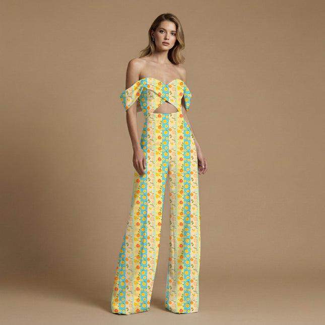 marigold yellow tropical print fabric draped — shirt styling