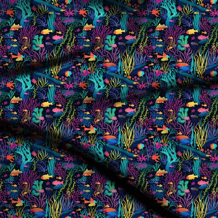 midnight blue tropical all-over print pattern — medium scale repeat layout