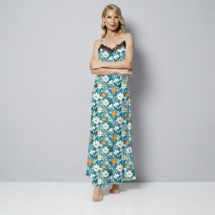 Teal Blue Floral Digital Print Fabric for Dress | Vacation Wear - Image 2