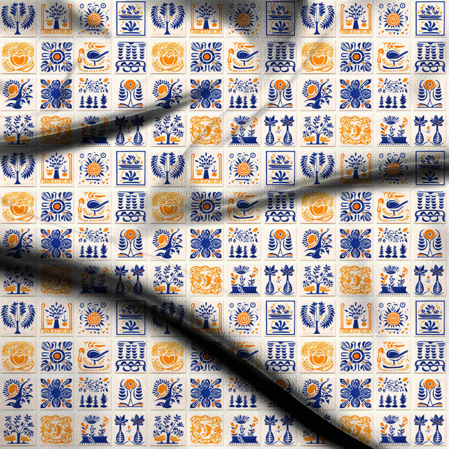 cobalt blue floral digital print fabric texture — medium scale closeup