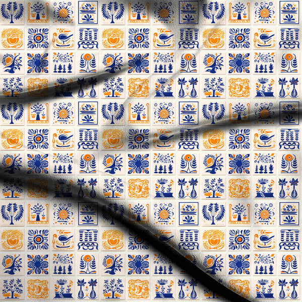 Cobalt Blue Whimsical Folk-inspired Floral And Tree Print Fabric