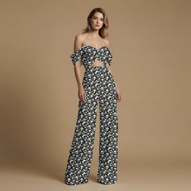 jet black floral print fabric draped — co-ord set styling