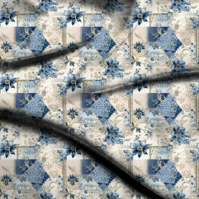 indigo blue floral digital print fabric texture — large scale closeup