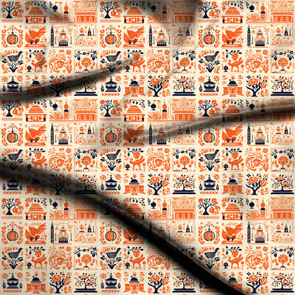 tangerine orange ethnic digital print fabric texture — medium scale closeup