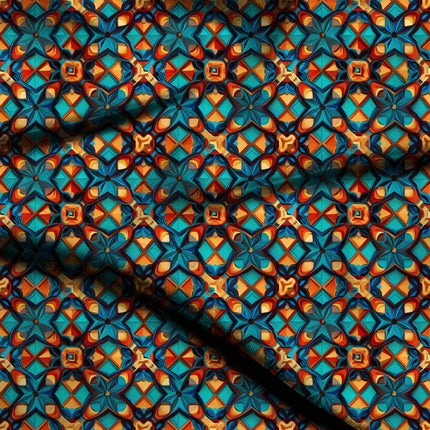 teal blue geometric digital print fabric texture — medium scale closeup