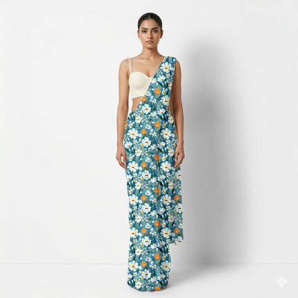 Teal Blue Floral Digital Print Fabric for Dress | Vacation Wear - Image 6